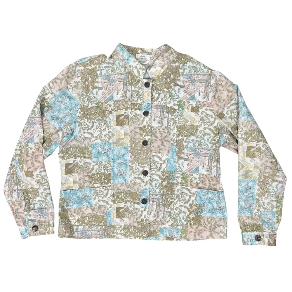 Christopher & Banks Womens XL Patchwork Paisley Damask Button Jacket Green Blue